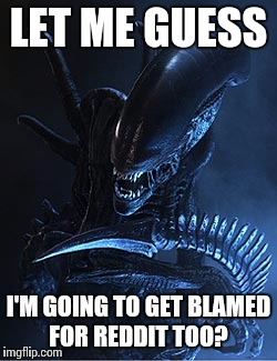 Original Alien | LET ME GUESS I'M GOING TO GET BLAMED FOR REDDIT TOO? | image tagged in original alien,reddit | made w/ Imgflip meme maker