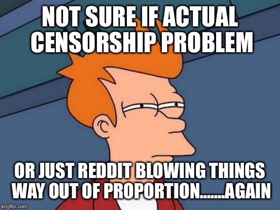 Futurama Fry Meme | NOT SURE IF ACTUAL CENSORSHIP PROBLEM OR JUST REDDIT BLOWING THINGS WAY OUT OF PROPORTION.......AGAIN | image tagged in memes,futurama fry | made w/ Imgflip meme maker