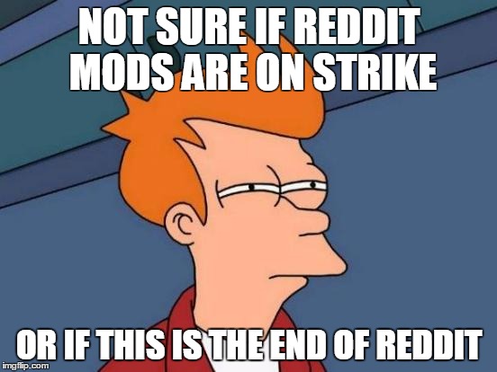 Futurama Fry Meme | NOT SURE IF REDDIT MODS ARE ON STRIKE OR IF THIS IS THE END OF REDDIT | image tagged in memes,futurama fry,adviceanimal | made w/ Imgflip meme maker