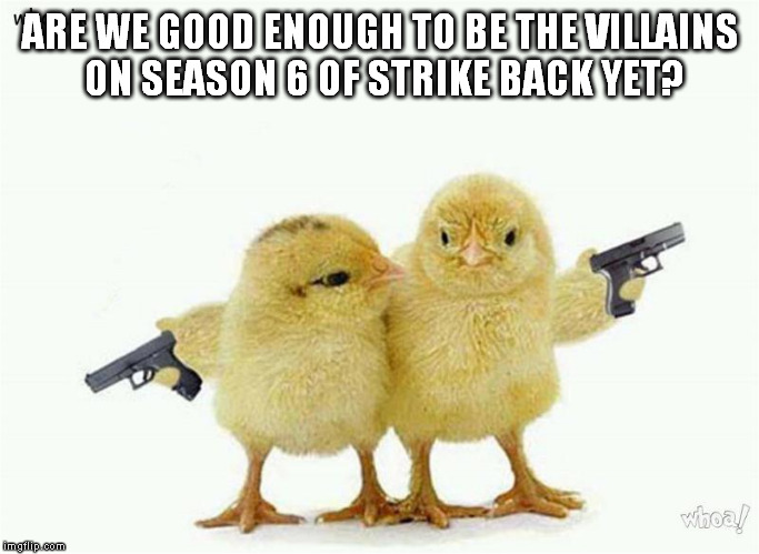 ARE WE GOOD ENOUGH TO BE THE VILLAINS ON SEASON 6 OF STRIKE BACK YET? | image tagged in strike back chickens | made w/ Imgflip meme maker