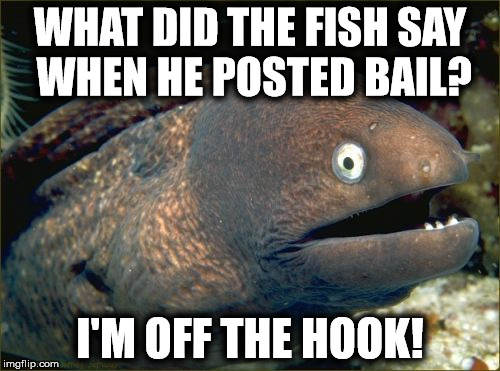Bad Joke Eel (1) | WHAT DID THE FISH SAY WHEN HE POSTED BAIL? I'M OFF THE HOOK! | image tagged in memes,bad joke eel,joke,bad,fish | made w/ Imgflip meme maker