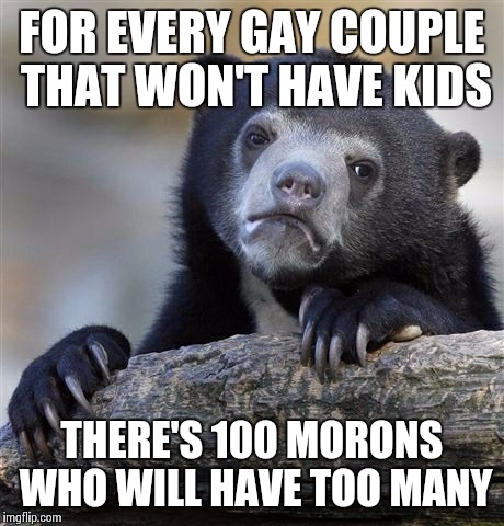 Confession Bear Meme | FOR EVERY GAY COUPLE THAT WON'T HAVE KIDS THERE'S 100 MORONS WHO WILL HAVE TOO MANY | image tagged in memes,confession bear | made w/ Imgflip meme maker