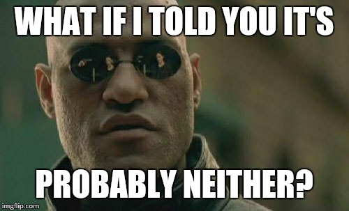 Matrix Morpheus Meme | WHAT IF I TOLD YOU IT'S PROBABLY NEITHER? | image tagged in memes,matrix morpheus | made w/ Imgflip meme maker