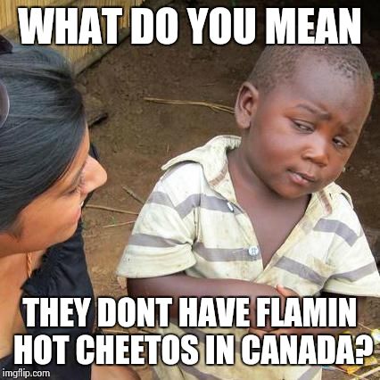Third World Skeptical Kid | WHAT DO YOU MEAN THEY DONT HAVE FLAMIN HOT CHEETOS IN CANADA? | image tagged in memes,third world skeptical kid | made w/ Imgflip meme maker