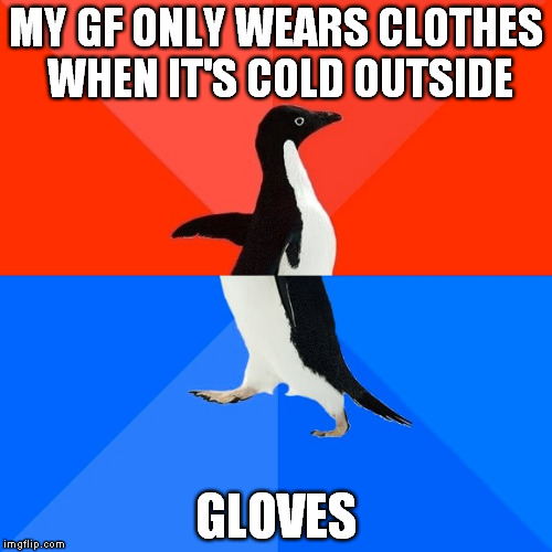 You might get the joke | MY GF ONLY WEARS CLOTHES WHEN IT'S COLD OUTSIDE GLOVES | image tagged in memes,socially awesome awkward penguin | made w/ Imgflip meme maker