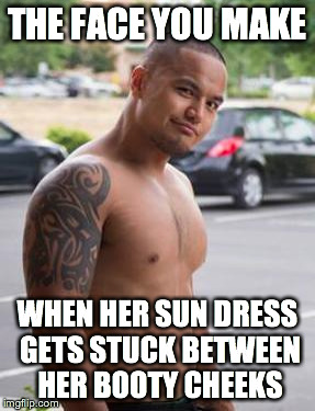 THE FACE YOU MAKE WHEN HER SUN DRESS GETS STUCK BETWEEN HER BOOTY CHEEKS | image tagged in booty,crossfit,gains,brofit,tattoo | made w/ Imgflip meme maker