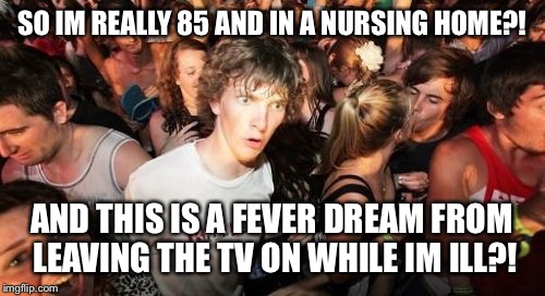 Sudden Clarity Clarence Meme | SO IM REALLY 85 AND IN A NURSING HOME?! AND THIS IS A FEVER DREAM FROM LEAVING THE TV ON WHILE IM ILL?! | image tagged in memes,sudden clarity clarence | made w/ Imgflip meme maker