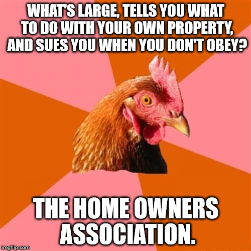 Anti Joke Chicken Meme | WHAT'S LARGE, TELLS YOU WHAT TO DO WITH YOUR OWN PROPERTY, AND SUES YOU WHEN YOU DON'T OBEY? THE HOME OWNERS ASSOCIATION. | image tagged in memes,anti joke chicken | made w/ Imgflip meme maker