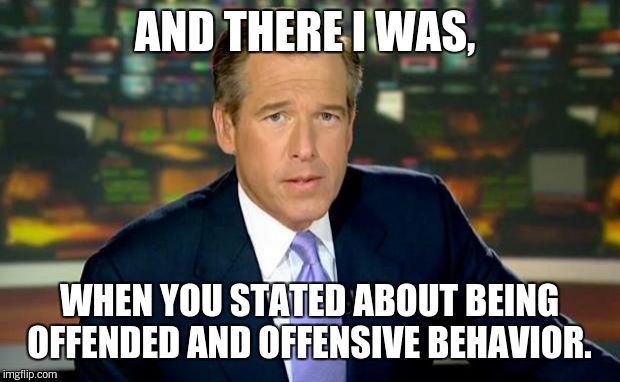Brian Williams Was There Meme | AND THERE I WAS, WHEN YOU STATED ABOUT BEING OFFENDED AND OFFENSIVE BEHAVIOR. | image tagged in memes,brian williams was there | made w/ Imgflip meme maker