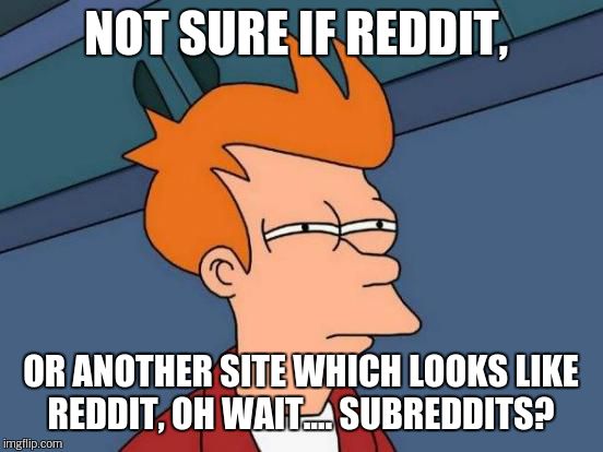 Futurama Fry Meme | NOT SURE IF REDDIT, OR ANOTHER SITE WHICH LOOKS LIKE REDDIT, OH WAIT.... SUBREDDITS? | image tagged in memes,futurama fry | made w/ Imgflip meme maker