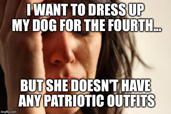First World Problems Meme | I WANT TO DRESS UP MY DOG FOR THE FOURTH... BUT SHE DOESN'T HAVE ANY PATRIOTIC OUTFITS | image tagged in memes,first world problems | made w/ Imgflip meme maker