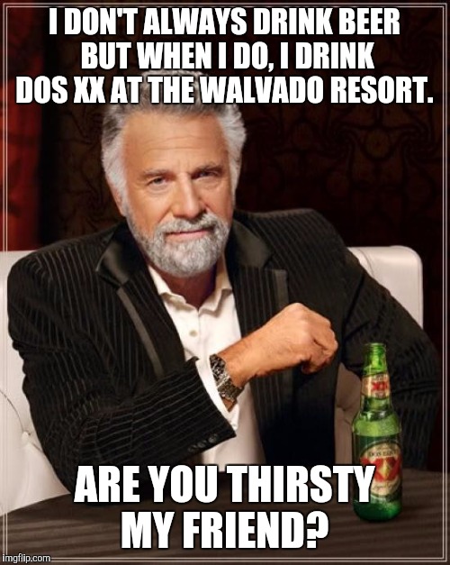 The Most Interesting Man In The World | I DON'T ALWAYS DRINK BEER BUT WHEN I DO, I DRINK DOS XX AT THE WALVADO RESORT. ARE YOU THIRSTY MY FRIEND? | image tagged in memes,the most interesting man in the world | made w/ Imgflip meme maker