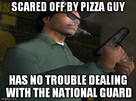 SCARED OFF BY PIZZA GUY HAS NO TROUBLE DEALING WITH THE NATIONAL GUARD | image tagged in ryder | made w/ Imgflip meme maker