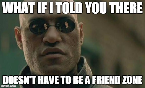 Matrix Morpheus Meme | WHAT IF I TOLD YOU THERE DOESN'T HAVE TO BE A FRIEND ZONE | image tagged in memes,matrix morpheus | made w/ Imgflip meme maker