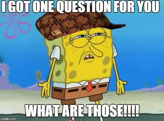 Angry Spongebob | I GOT ONE QUESTION FOR YOU WHAT ARE THOSE!!!! | image tagged in angry spongebob,scumbag | made w/ Imgflip meme maker