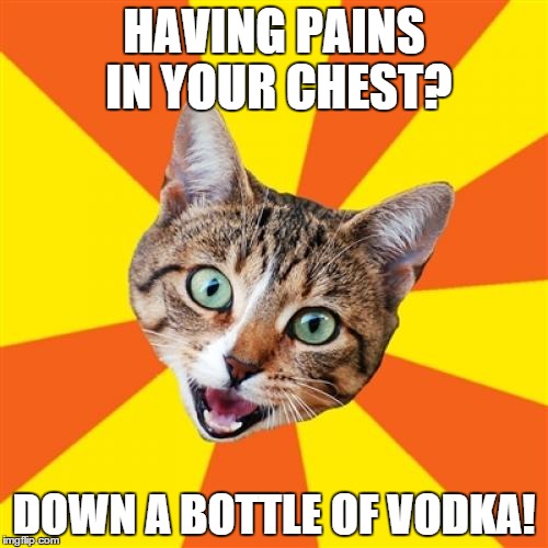 Bad Advice Cat Meme | HAVING PAINS IN YOUR CHEST? DOWN A BOTTLE OF VODKA! | image tagged in memes,bad advice cat | made w/ Imgflip meme maker