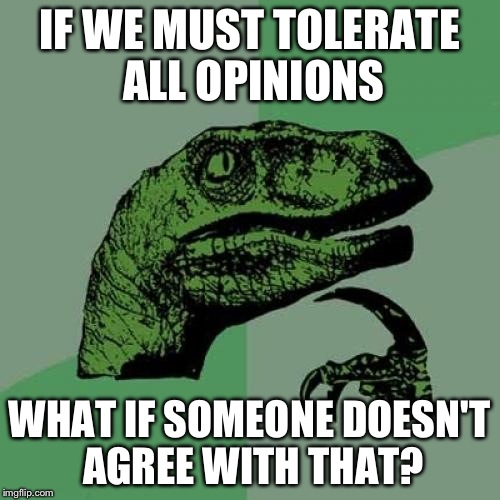 Philosoraptor | IF WE MUST TOLERATE ALL OPINIONS WHAT IF SOMEONE DOESN'T AGREE WITH THAT? | image tagged in memes,philosoraptor | made w/ Imgflip meme maker