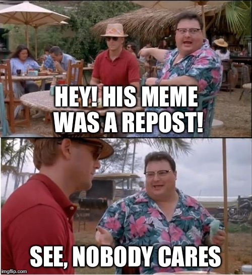 See Nobody Cares | HEY! HIS MEME WAS A REPOST! SEE, NOBODY CARES | image tagged in memes,see nobody cares | made w/ Imgflip meme maker