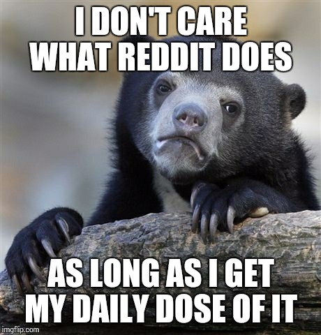 Confession Bear | I DON'T CARE WHAT REDDIT DOES AS LONG AS I GET MY DAILY DOSE OF IT | image tagged in memes,confession bear,AdviceAnimals | made w/ Imgflip meme maker