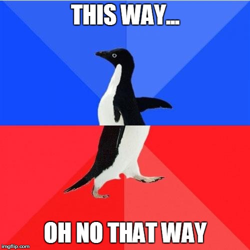 Socially Awkward Awesome Penguin | THIS WAY... OH NO THAT WAY | image tagged in memes,socially awkward awesome penguin | made w/ Imgflip meme maker