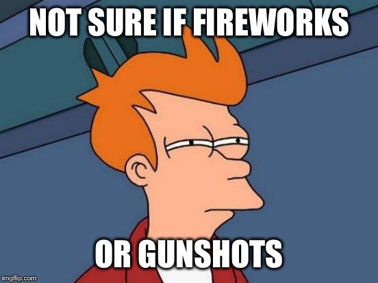 Futurama Fry | NOT SURE IF FIREWORKS OR GUNSHOTS | image tagged in memes,futurama fry | made w/ Imgflip meme maker