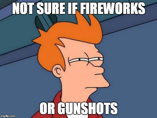 Futurama Fry | NOT SURE IF FIREWORKS OR GUNSHOTS | image tagged in memes,futurama fry | made w/ Imgflip meme maker