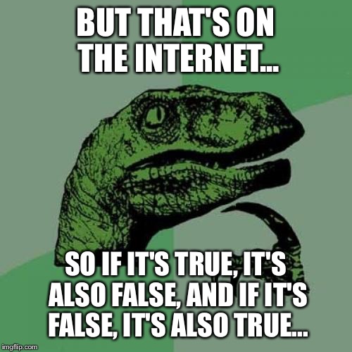 Philosoraptor Meme | BUT THAT'S ON THE INTERNET... SO IF IT'S TRUE, IT'S ALSO FALSE, AND IF IT'S FALSE, IT'S ALSO TRUE... | image tagged in memes,philosoraptor | made w/ Imgflip meme maker