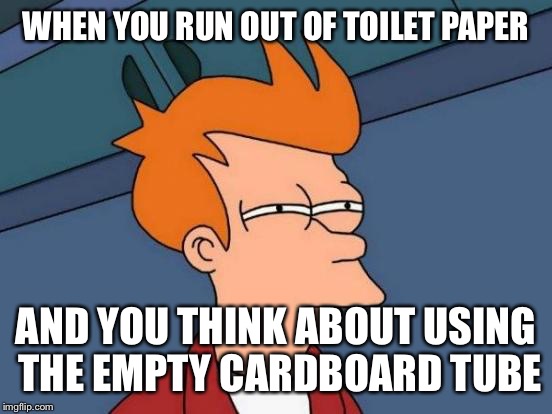 Futurama Fry | WHEN YOU RUN OUT OF TOILET PAPER AND YOU THINK ABOUT USING THE EMPTY CARDBOARD TUBE | image tagged in memes,futurama fry | made w/ Imgflip meme maker