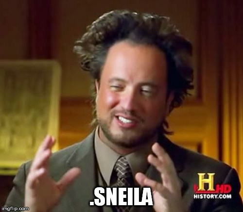 sneilA tneicnA | .SNEILA | image tagged in memes,ancient aliens,backwards | made w/ Imgflip meme maker