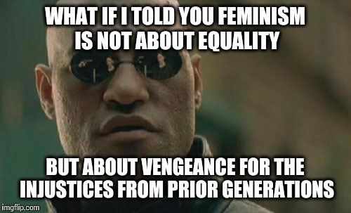 Matrix Morpheus Meme | WHAT IF I TOLD YOU FEMINISM IS NOT ABOUT EQUALITY BUT ABOUT VENGEANCE FOR THE INJUSTICES FROM PRIOR GENERATIONS | image tagged in memes,matrix morpheus | made w/ Imgflip meme maker