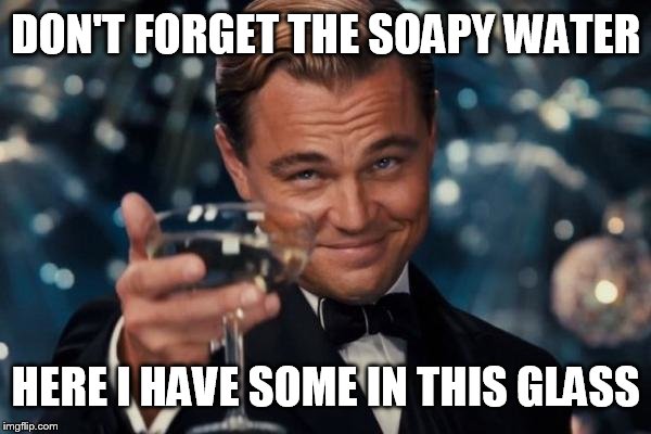 Leonardo Dicaprio Cheers Meme | DON'T FORGET THE SOAPY WATER HERE I HAVE SOME IN THIS GLASS | image tagged in memes,leonardo dicaprio cheers | made w/ Imgflip meme maker