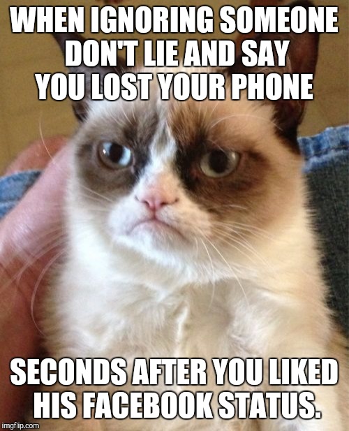 Grumpy Cat Meme | WHEN IGNORING SOMEONE DON'T LIE AND SAY YOU LOST YOUR PHONE SECONDS AFTER YOU LIKED HIS FACEBOOK STATUS. | image tagged in memes,grumpy cat | made w/ Imgflip meme maker