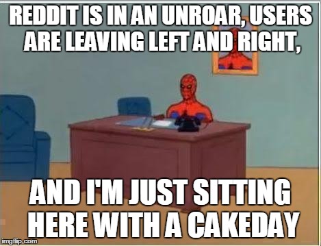 Spiderman Computer Desk Meme | REDDIT IS IN AN UNROAR, USERS ARE LEAVING LEFT AND RIGHT, AND I'M JUST SITTING HERE WITH A CAKEDAY | image tagged in memes,spiderman computer desk,spiderman,AdviceAnimals | made w/ Imgflip meme maker