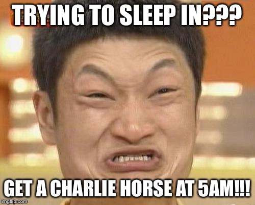 Impossibru Guy Original Meme | TRYING TO SLEEP IN??? GET A CHARLIE HORSE AT 5AM!!! | image tagged in memes,impossibru guy original | made w/ Imgflip meme maker