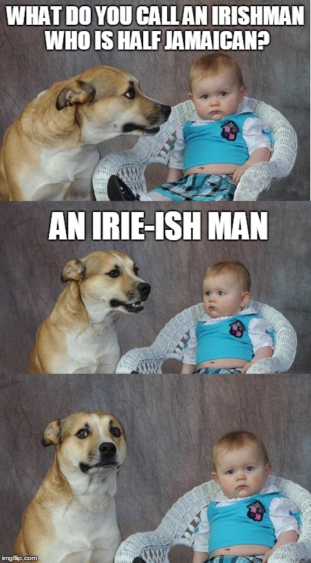 Bad joke dog | WHAT DO YOU CALL AN IRISHMAN WHO IS HALF JAMAICAN? AN IRIE-ISH MAN | image tagged in bad joke dog | made w/ Imgflip meme maker