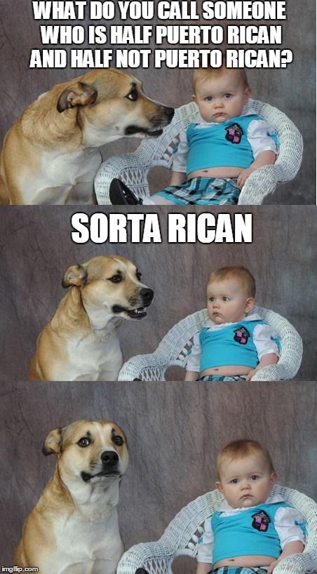 Bad joke dog | WHAT DO YOU CALL SOMEONE WHO IS HALF PUERTO RICAN AND HALF NOT PUERTO RICAN? SORTA RICAN | image tagged in bad joke dog | made w/ Imgflip meme maker