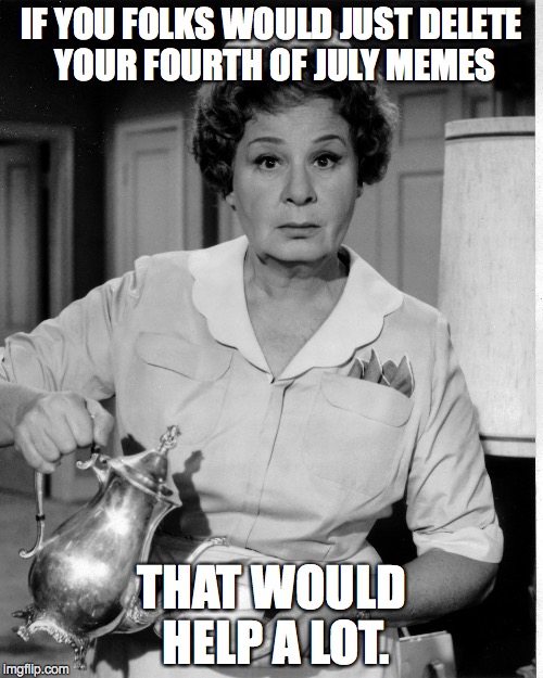 Hazel sez... | IF YOU FOLKS WOULD JUST DELETE YOUR FOURTH OF JULY MEMES THAT WOULD HELP A LOT. | image tagged in maid,clean up,tidy | made w/ Imgflip meme maker
