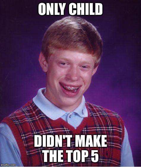 Bad Luck Brian | ONLY CHILD DIDN'T MAKE THE TOP 5 | image tagged in memes,bad luck brian | made w/ Imgflip meme maker