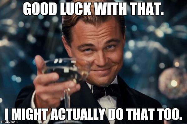 Leonardo Dicaprio Cheers Meme | GOOD LUCK WITH THAT. I MIGHT ACTUALLY DO THAT TOO. | image tagged in memes,leonardo dicaprio cheers | made w/ Imgflip meme maker
