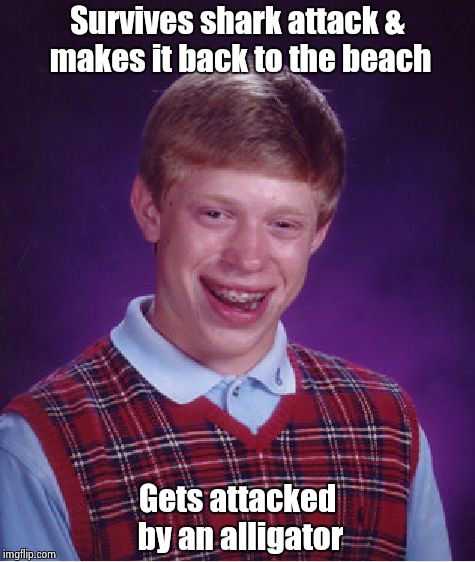 Bad Luck Brian Meme | Survives shark attack & makes it back to the beach Gets attacked by an alligator | image tagged in memes,bad luck brian | made w/ Imgflip meme maker