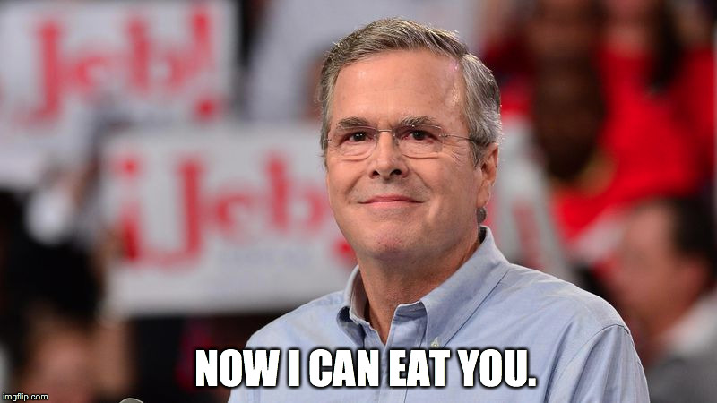 Yummy Jeb. | NOW I CAN EAT YOU. | image tagged in jeb bush,food,food stamps | made w/ Imgflip meme maker