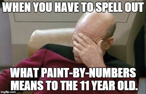 Captain Picard Facepalm Meme | WHEN YOU HAVE TO SPELL OUT WHAT PAINT-BY-NUMBERS MEANS TO THE 11 YEAR OLD. | image tagged in memes,captain picard facepalm | made w/ Imgflip meme maker