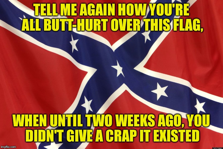Confederate Flag | TELL ME AGAIN HOW YOU'RE ALL BUTT-HURT OVER THIS FLAG, WHEN UNTIL TWO WEEKS AGO, YOU DIDN'T GIVE A CRAP IT EXISTED | image tagged in confederate flag | made w/ Imgflip meme maker