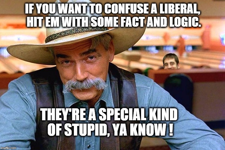 sam elliott | IF YOU WANT TO CONFUSE A LIBERAL, HIT EM WITH SOME FACT AND LOGIC. THEY'RE A SPECIAL KIND OF STUPID, YA KNOW ! | image tagged in sam elliott | made w/ Imgflip meme maker