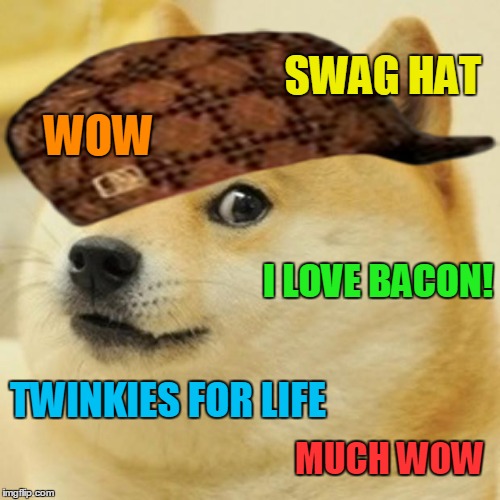Doge Meme | SWAG HAT WOW I LOVE BACON! TWINKIES FOR LIFE MUCH WOW | image tagged in memes,doge,scumbag | made w/ Imgflip meme maker