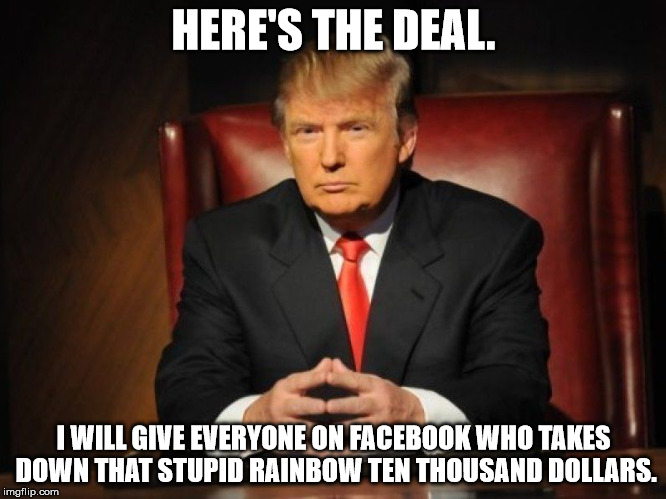 Don't tell me it isn't getting on your nerves too... | HERE'S THE DEAL. I WILL GIVE EVERYONE ON FACEBOOK WHO TAKES DOWN THAT STUPID RAINBOW TEN THOUSAND DOLLARS. | image tagged in donald trump,shawnljohnson,gay pride,irritating | made w/ Imgflip meme maker