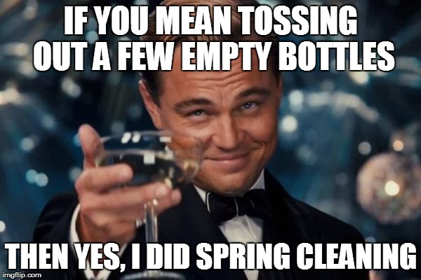 Leonardo Dicaprio Cheers Meme | IF YOU MEAN TOSSING OUT A FEW EMPTY BOTTLES THEN YES, I DID SPRING CLEANING | image tagged in memes,leonardo dicaprio cheers | made w/ Imgflip meme maker