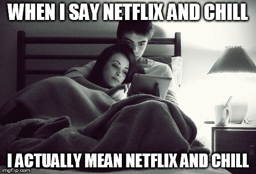 Netflix and Chill | WHEN I SAY NETFLIX AND CHILL I ACTUALLY MEAN NETFLIX AND CHILL | image tagged in netflix,chill,cuddle,movie,goals,love | made w/ Imgflip meme maker