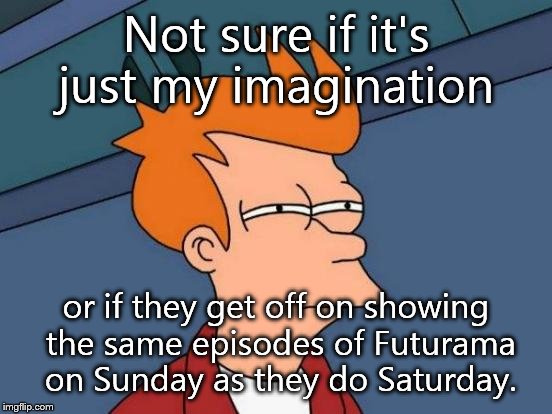 Futurama Fry | Not sure if it's just my imagination or if they get off on showing the same episodes of Futurama on Sunday as they do Saturday. | image tagged in memes,futurama fry | made w/ Imgflip meme maker