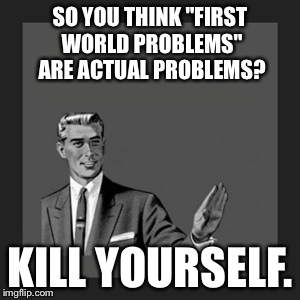 Seriously Though.....DO it. | SO YOU THINK "FIRST WORLD PROBLEMS" ARE ACTUAL PROBLEMS? KILL YOURSELF. | image tagged in kill yourself guy,funny memes,lmao,first world problems | made w/ Imgflip meme maker